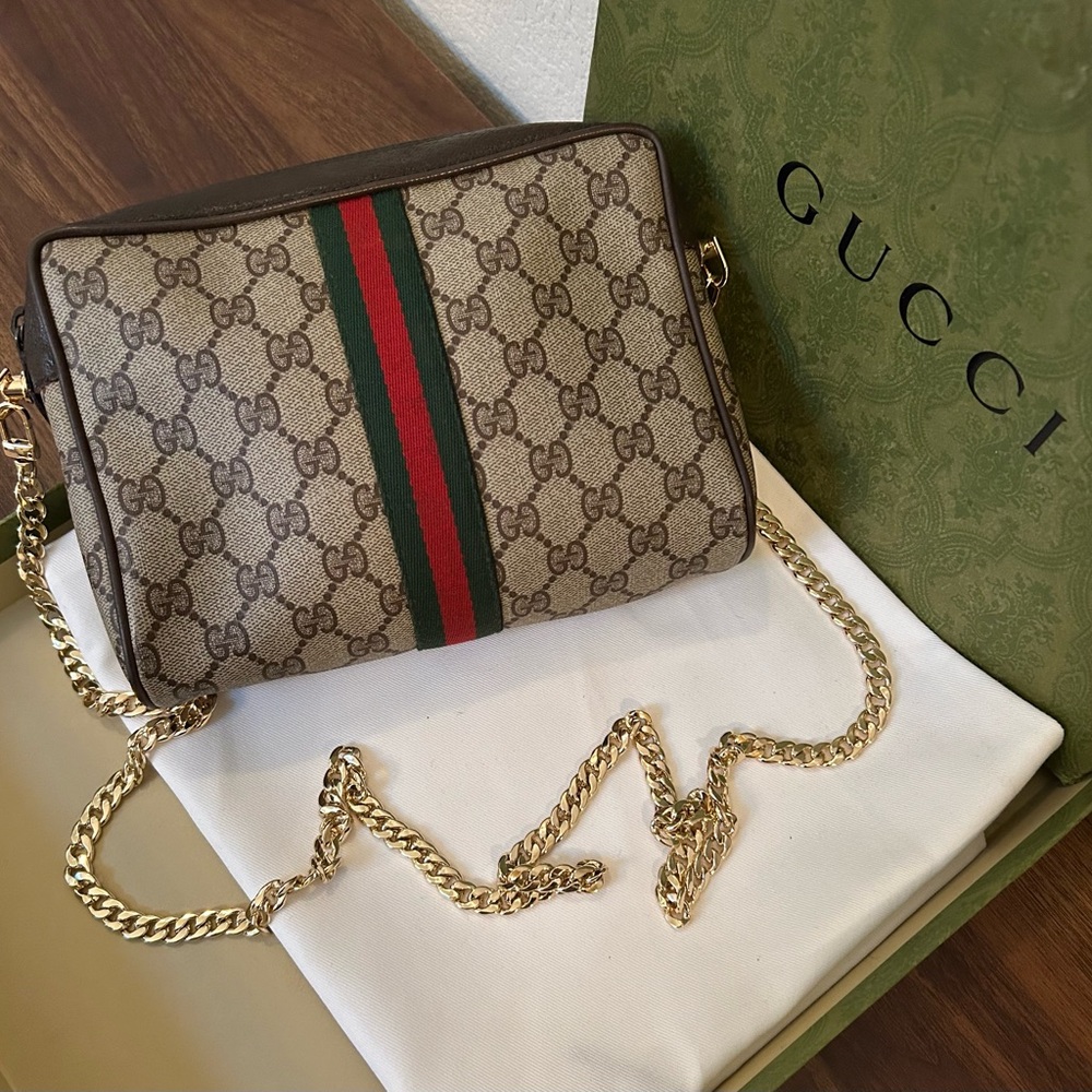Gucci Beige and Brown Crossbody Bag with Gold Chain